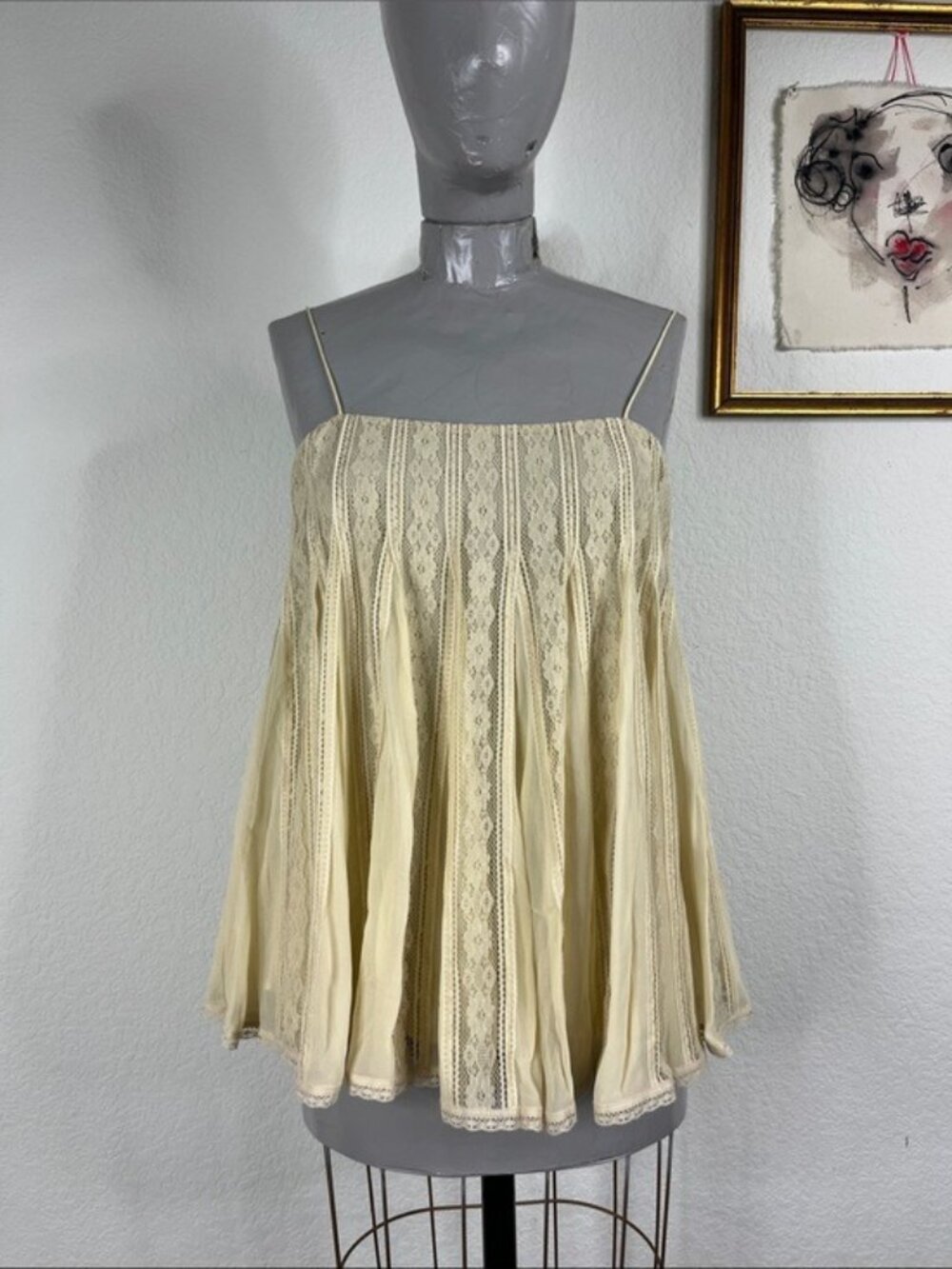 Zimmermann Wonderland Lace Vent Cami in Pearl Paneled Straps Square Open Necklin